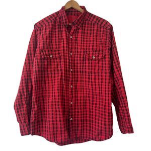 Barn Fly Traders Red Black Plaid Button Front Shirt Large Cotton Western